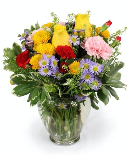Brighter Days is a bouquet that is sure to bring a smile to their face. An assortment of bright primary colors that include flowers like Roses, Carnations and Chrysanthemums. The size is perfect for a bedside table or desk. Presented in a clear glass vase along with assorted greenery. 