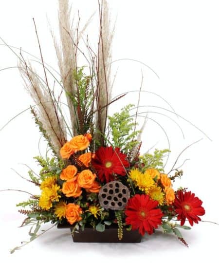 Our Autumn Repose is a inspired by the calmness of the season. Pampas Grass add softness and height to the bouquet. Wild Grasses add color and texture throughout the one sided design that is perfectly suited for a buffet. The flowers reflect all of the rich Autumn tones, reds, oranges and golden yellows. The Dried Lotus Pod centered in the middle is a focal point that adds a botanical touch to a sophisticated gathering of Fall flowers. The design is anchored in a heavy weight glazed ceramic dish in a rich chocolate brown.